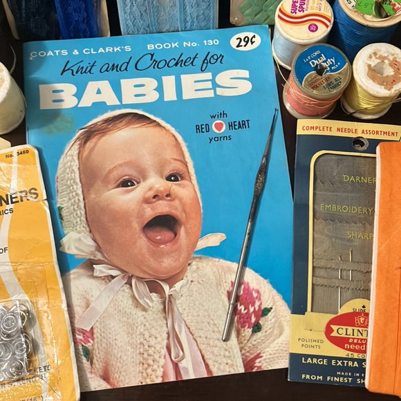 Vintage Sewing Notions & Thread Lot with Lace, 1962 Crochet for Babies Booklet - Picture 2 of 15